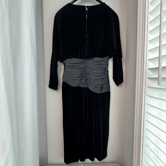 VTG 80s A.J. Bari Dress  Silk, Rayon, Velvet, Cinch Waist, Rhinestone Bow, SZ 6 - Picture 8 of 9